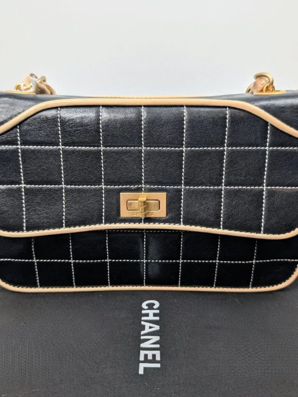 Chanel Vintage Black Glazed Calfskin Chocolate Bar Contrast Stitch Reissue Flap